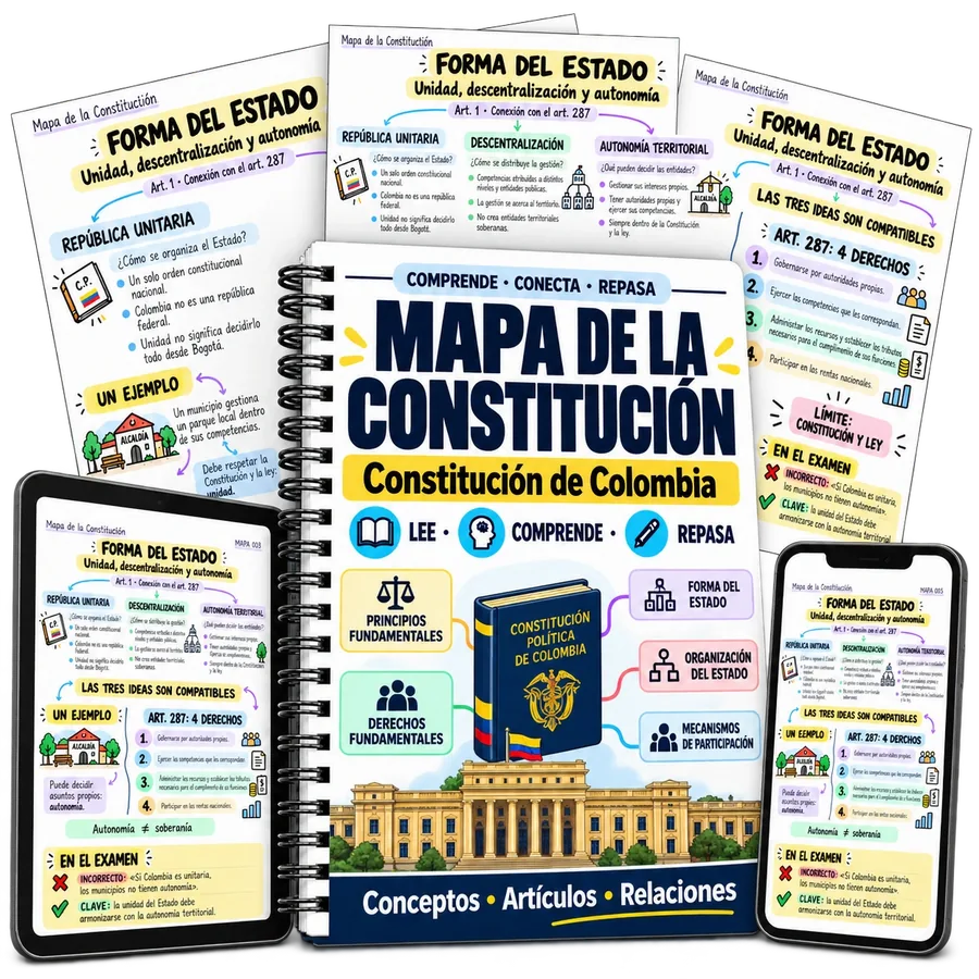 Mapa de la Constitución en cuaderno, tablet y celular con páginas de mapas mentales